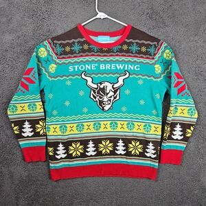 Stone Brewing Mens XL Ugly Christmas Sweater Gargoyle Hops Teal Red Knit